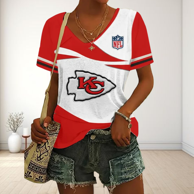 LIMITED EDITION - NEW CUSTOMIZED NFL01 KCC KANSAS CITY CHIEFS V-NECK FEMALE SHIRT