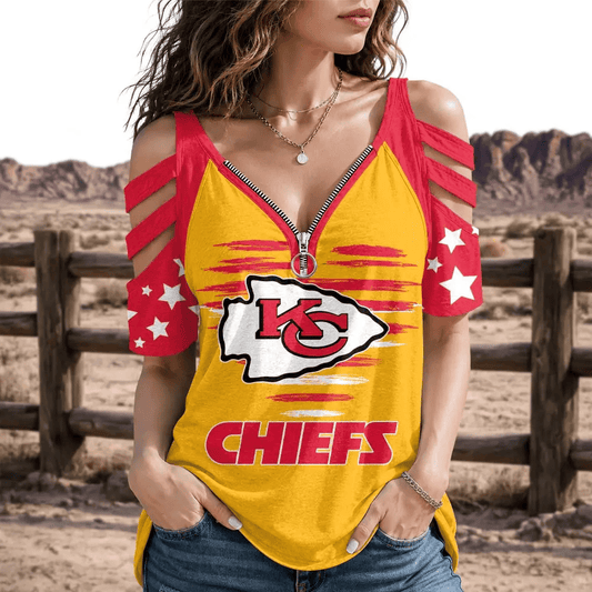 [SPECIAL OFFER] NEW CUSTOMIZED NFL01 KCC KANSAS CITY CHIEFS STRAPPY COLD-SHOULDER TOP
