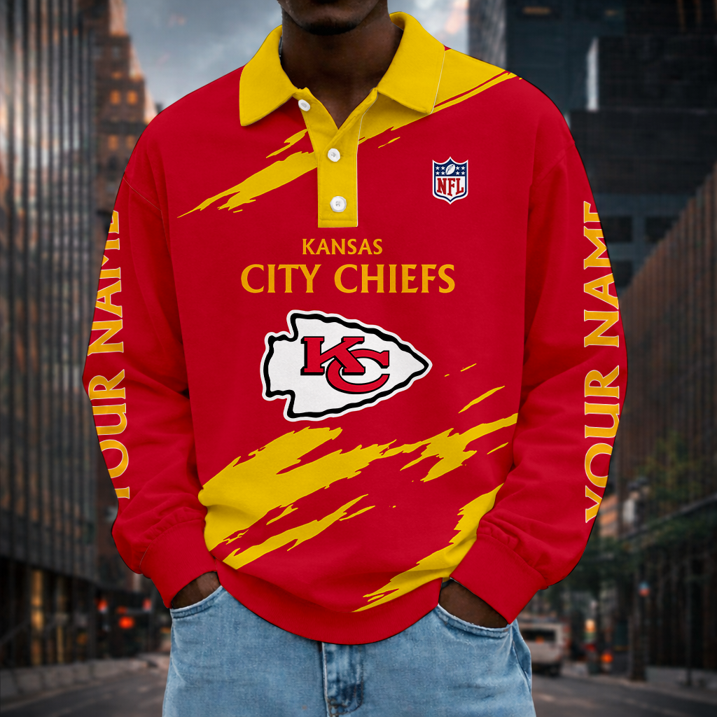 LIMITED EDITION - NEW CUSTOMIZED NFL01 KCC KANSAS CITY CHIEFS MEN LONG SLEEVE POLO