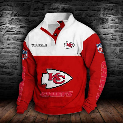 LIMITED EDITION - NEW CUSTOMIZED NFL01 KCC KANSAS CITY CHIEFS QUARTER-BUTTON STAND-COLLAR SWEATSHIRT