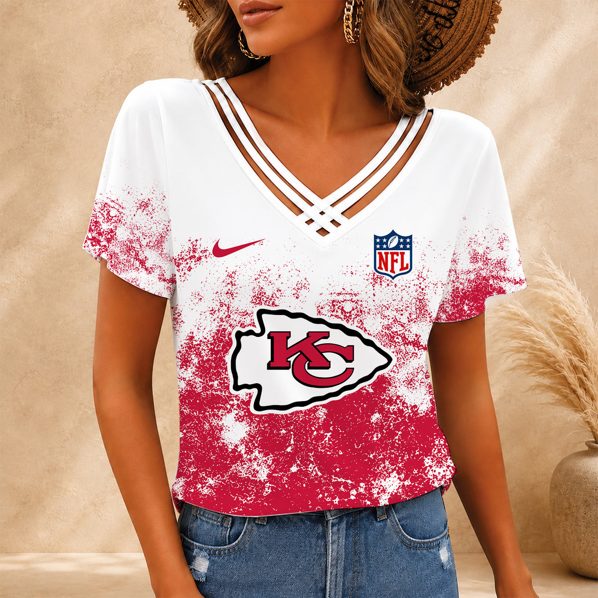 [SPECIAL OFFER] NEW CUSTOMIZED NFL01 KCC KANSAS CITY CHIEFS V-NECK SHIRT