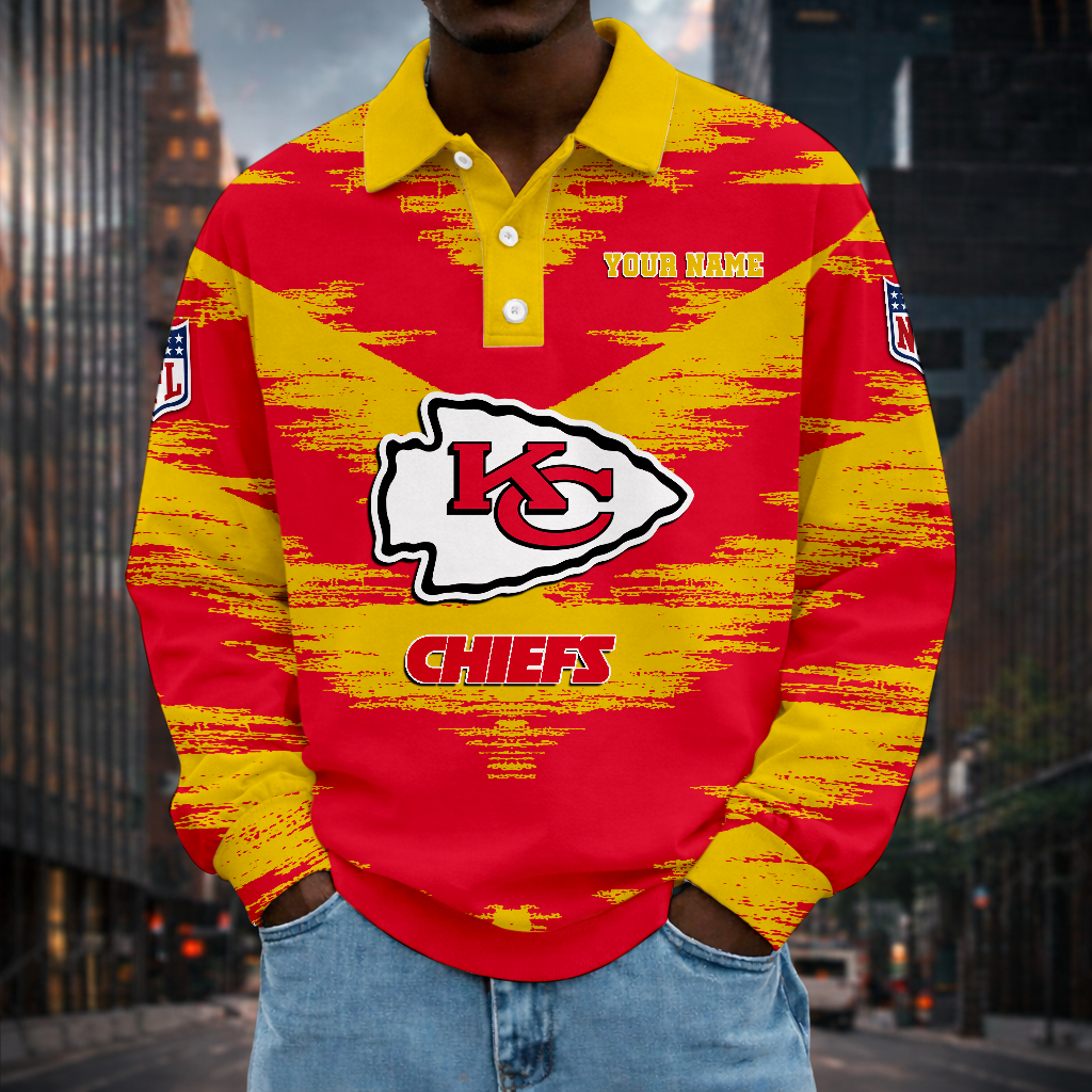 LIMITED EDITION - NEW CUSTOMIZED NFL01 KCC KANSAS CITY CHIEFS MEN LONG SLEEVE POLO