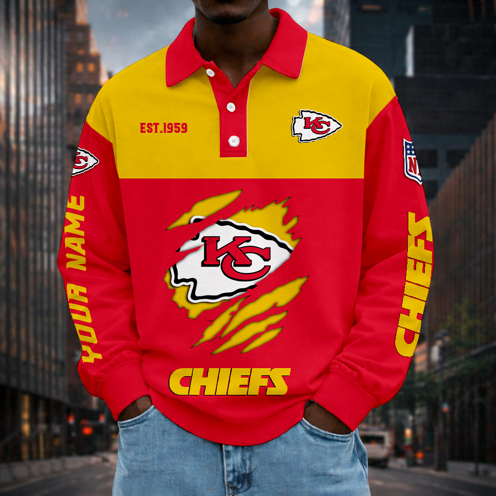 LIMITED EDITION - NEW CUSTOMIZED NFL01 KCC KANSAS CITY CHIEFS MEN LONG SLEEVE POLO