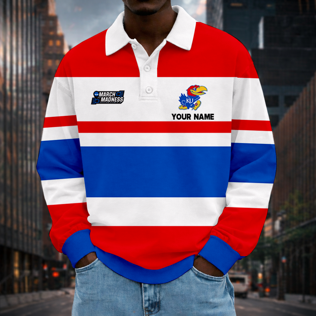 LIMITED EDITION - NEW CUSTOMIZED NCAA MAM01 KSJ KANSAS JAYHAWKS UNISEX LONG SLEEVE POLO