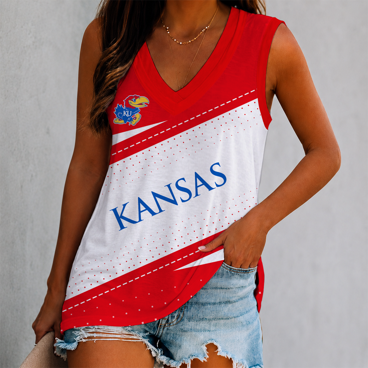 EXCLUSIVE EDITION - NEW CUSTOMIZED NCAA MAM01 KSJ KANSAS JAYHAWKS WOMEN'S V-NECK TANK TOP