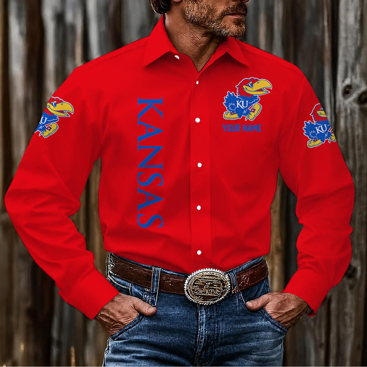 EXCLUSIVE EDITION - NEW CUSTOMIZED NCAA MAM01 KSJ KANSAS JAYHAWKS MEN'S LONG SLEEVE BUTTON-UP SHIRT
