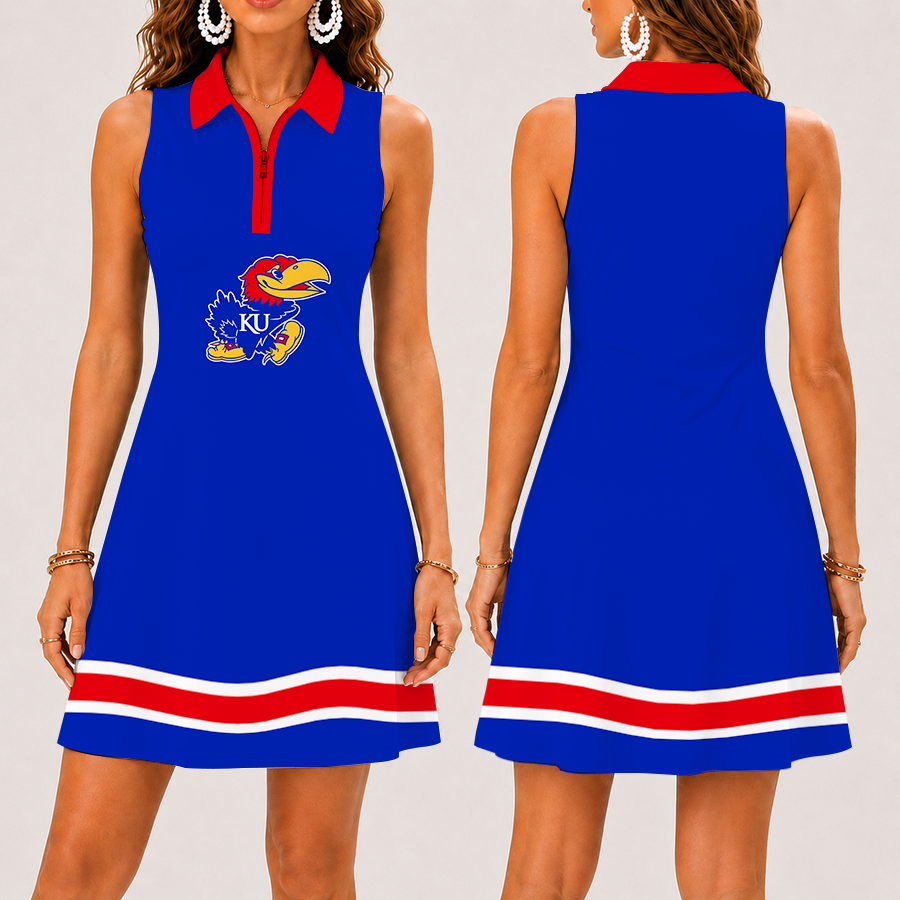 [FAN FAVORITE] NEW CUSTOMIZED NCAA MAM01 KSJ KANSAS JAYHAWKS STRAPPY WOMEN'S ZIP SLEEVELESS POLO DRESS