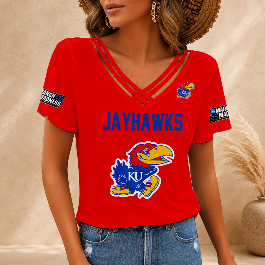[FAN FAVORITE] NEW CUSTOMIZED NCAA MAM01 KSJ KANSAS JAYHAWKS V-NECK SHIRT