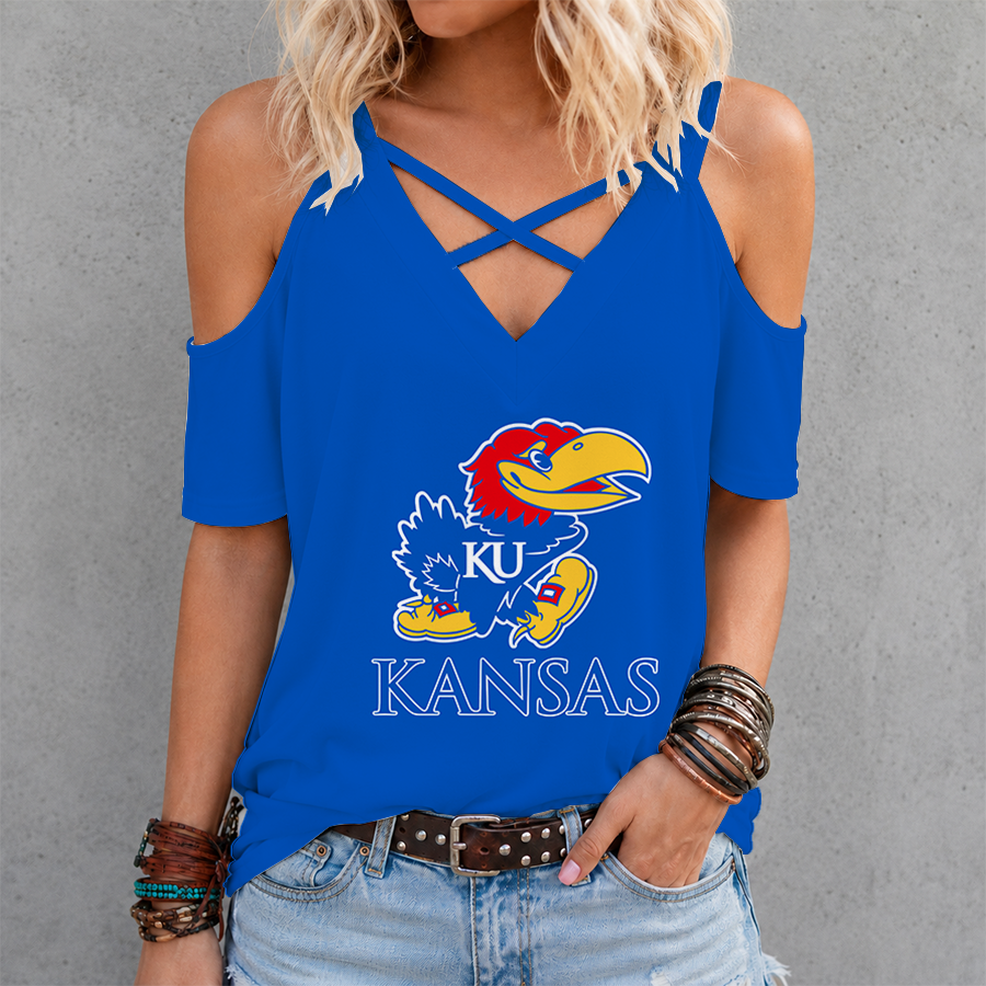 [FAN FAVORITE] NEW CUSTOMIZED NCAA MAM01 KSJ KANSAS JAYHAWKS CRISS CROSS V-NECK TOP
