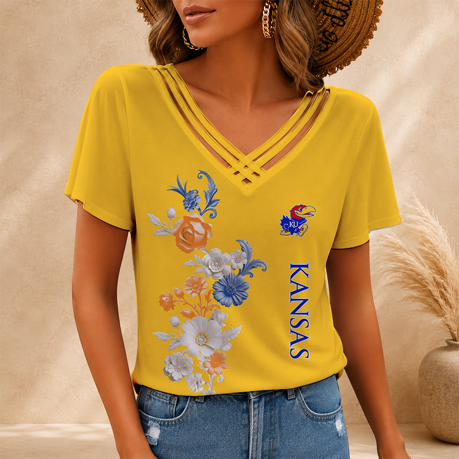 [FAN FAVORITE] NEW CUSTOMIZED NCAA MAM01 KSJ KANSAS JAYHAWKS V-NECK SHIRT