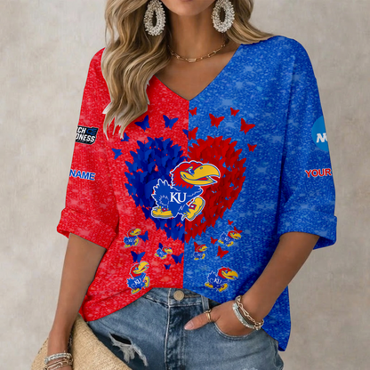 LIMITED EDITION - NEW CUSTOMIZED NCAA MAM01 KSJ KANSAS JAYHAWKS WOMEN'S HEART V-NECK LONG SLEEVE SHIRT