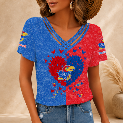 [FAN FAVORITE] NEW CUSTOMIZED NCAA MAM01 KSJ KANSAS JAYHAWKS V-NECK SHIRT