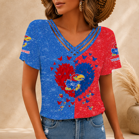 [FAN FAVORITE] NEW CUSTOMIZED NCAA MAM01 KSJ KANSAS JAYHAWKS V-NECK SHIRT