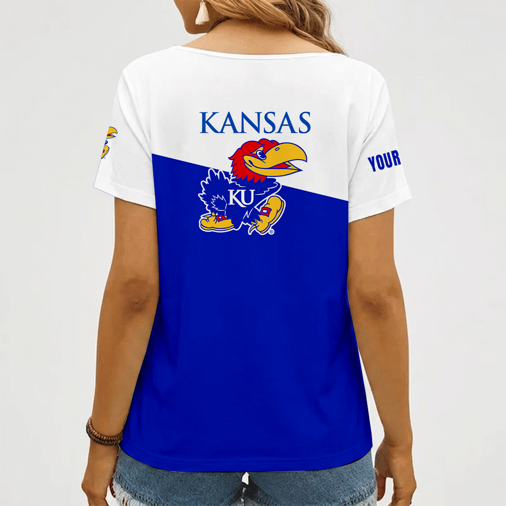 [FAN FAVORITE] NEW CUSTOMIZED NCAA MAM01 KSJ KANSAS JAYHAWKS STRAPPY V-NECK FEMALE SHIRT