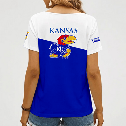 [FAN FAVORITE] NEW CUSTOMIZED NCAA MAM01 KSJ KANSAS JAYHAWKS STRAPPY V-NECK FEMALE SHIRT