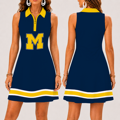 [FAN FAVORITE] NEW CUSTOMIZED NCAA CWS01 MIW MICHIGAN WOLVERINES WOMEN'S ZIP SLEEVELESS POLO DRESS