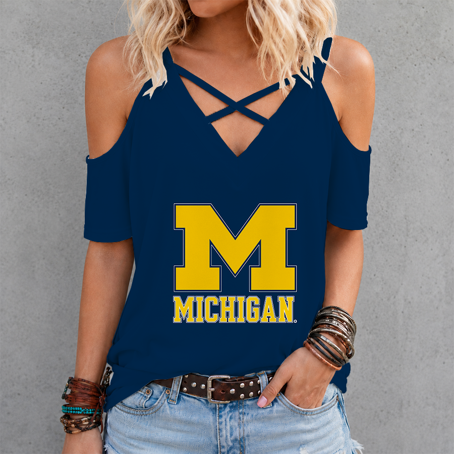 [FAN FAVORITE] NEW CUSTOMIZED NCAA CWS01 MIW MICHIGAN WOLVERINES CRISS CROSS V-NECK TOP