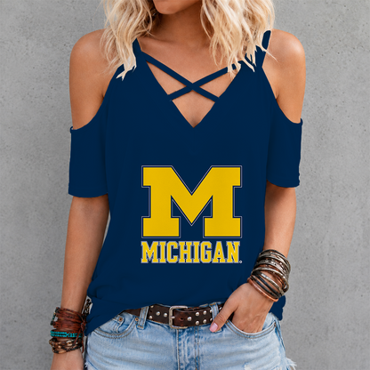 [FAN FAVORITE] NEW CUSTOMIZED NCAA CWS01 MIW MICHIGAN WOLVERINES CRISS CROSS V-NECK TOP