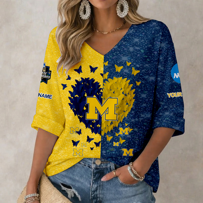 LIMITED EDITION - NEW CUSTOMIZED NCAA CWS01 MIW MICHIGAN WOLVERINES WOMEN'S HEART V-NECK LONG SLEEVE SHIRT