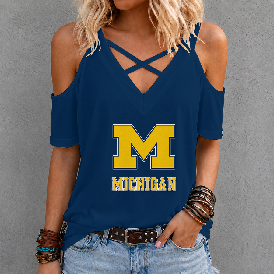 [FAN FAVORITE] NEW CUSTOMIZED NCAA CWS01 MIW MICHIGAN WOLVERINES CRISS CROSS V-NECK TOP