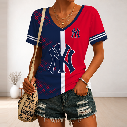 LIMITED EDITION - NEW CUSTOMIZED MLB01 NYY NEW YORK YANKEES V-NECK FEMALE SHIRT