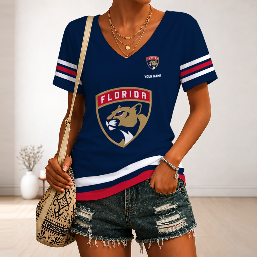 [SUPER SALE] NEW CUSTOMIZED NHL01 FPT FLORIDA PANTHERS V-NECK FEMALE SHIRT