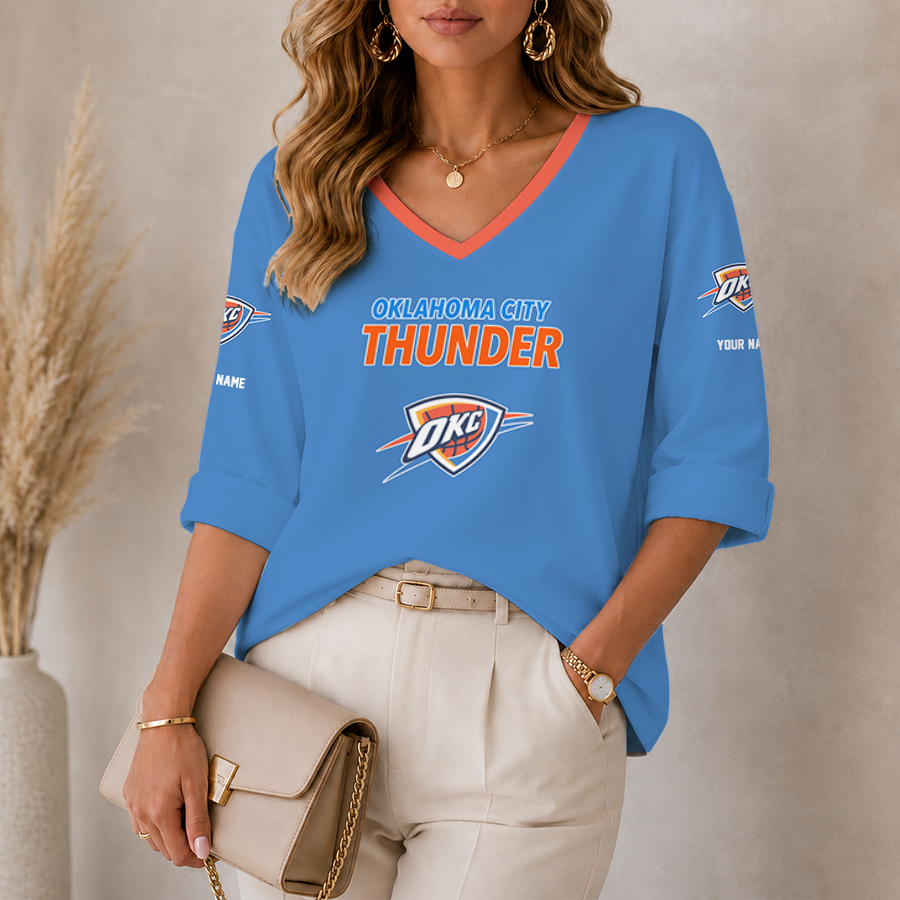 [HOT DEAL] NEW CUSTOMIZED NBA01 OCT OKLAHOMA CITY THUNDER WOMEN'S HEART V-NECK LONG SLEEVE SHIRT