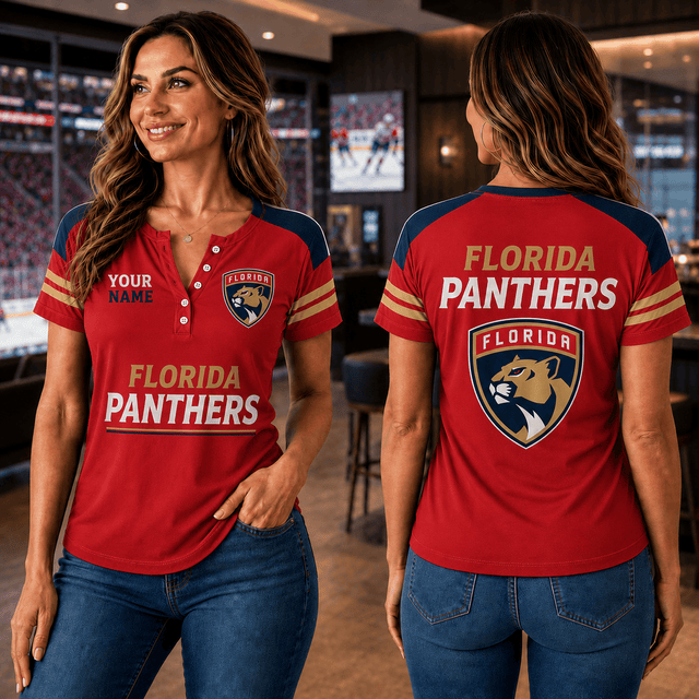 SPECIAL EDITION - NEW CUSTOMIZED NHL01 FPT FLORIDA PANTHERS WOMEN'S SHORT SLEEVE HENLEY T-SHIRT