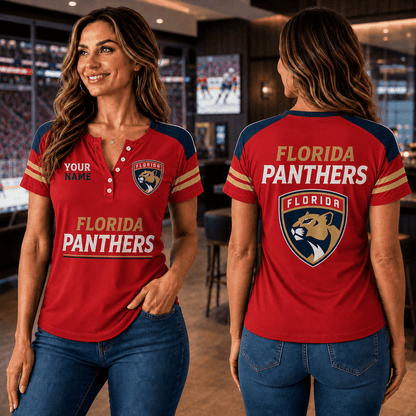SPECIAL EDITION - NEW CUSTOMIZED NHL01 FPT FLORIDA PANTHERS WOMEN'S SHORT SLEEVE HENLEY T-SHIRT