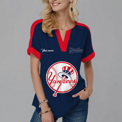 [FLASH SALE] NEW CUSTOMIZED MLB01 NYY NEW YORK YANKEES V-NECK FEMALE SHIRT