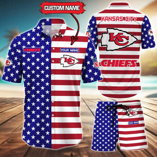 ELITE EDITION  - NEW CUSTOMIZED NFL01 KCC KANSAS CITY CHIEFS UNISEX INDEPENDENCE DAY HAWAIIAN SHIRT & SHORTS SET