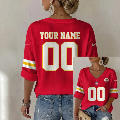 ELITE EDITION - NEW CUSTOMIZED NFL01 KCC KANSAS CITY CHIEFS WOMEN'S HEART V-NECK LONG SLEEVE SHIRT