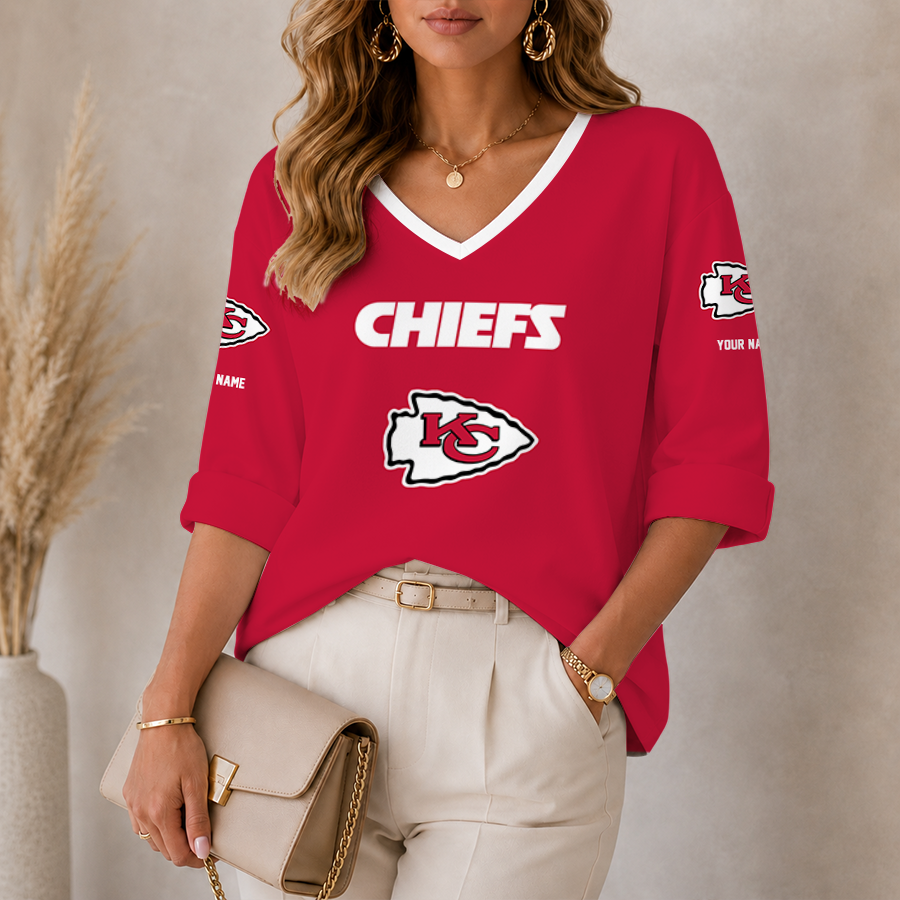 [SPECIAL OFFER] NEW CUSTOMIZED NFL01 KCC KANSAS CITY CHIEFS WOMEN'S HEART V-NECK LONG SLEEVE SHIRT
