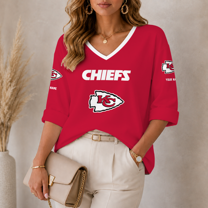 [SPECIAL OFFER] NEW CUSTOMIZED NFL01 KCC KANSAS CITY CHIEFS WOMEN'S HEART V-NECK LONG SLEEVE SHIRT