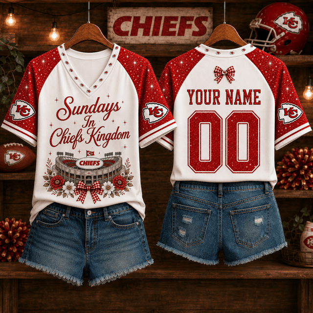 EXCLUSIVE EDITION - NEW CUSTOMIZED NFL01 KCC KANSAS CITY CHIEFS V-NECK FEMALE SHIRT