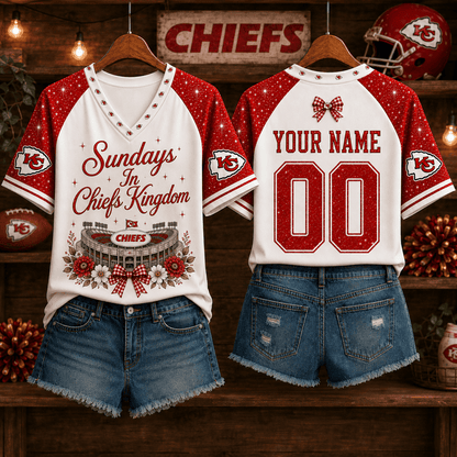 EXCLUSIVE EDITION - NEW CUSTOMIZED NFL01 KCC KANSAS CITY CHIEFS V-NECK FEMALE SHIRT