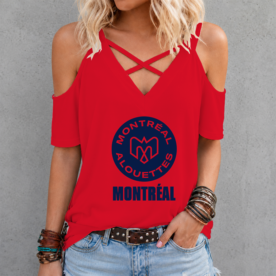 [FAN EXCLUSIVE] NEW CUSTOMIZED CFL01 MTL MONTREAL ALOUETTES STRAPPY CRISS CROSS V-NECK TOP