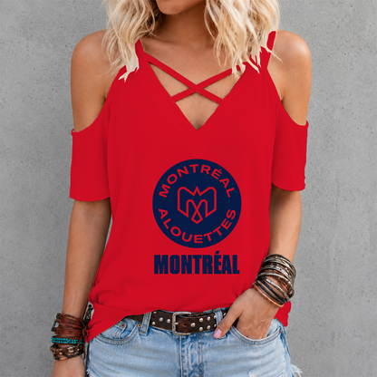 [FAN EXCLUSIVE] NEW CUSTOMIZED CFL01 MTL MONTREAL ALOUETTES STRAPPY CRISS CROSS V-NECK TOP