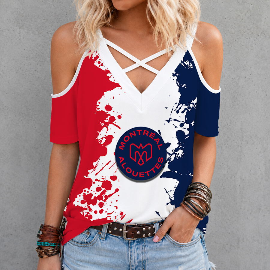 [FAN EXCLUSIVE] NEW CUSTOMIZED CFL01 MTL MONTREAL ALOUETTES STRAPPY CRISS CROSS V-NECK TOP