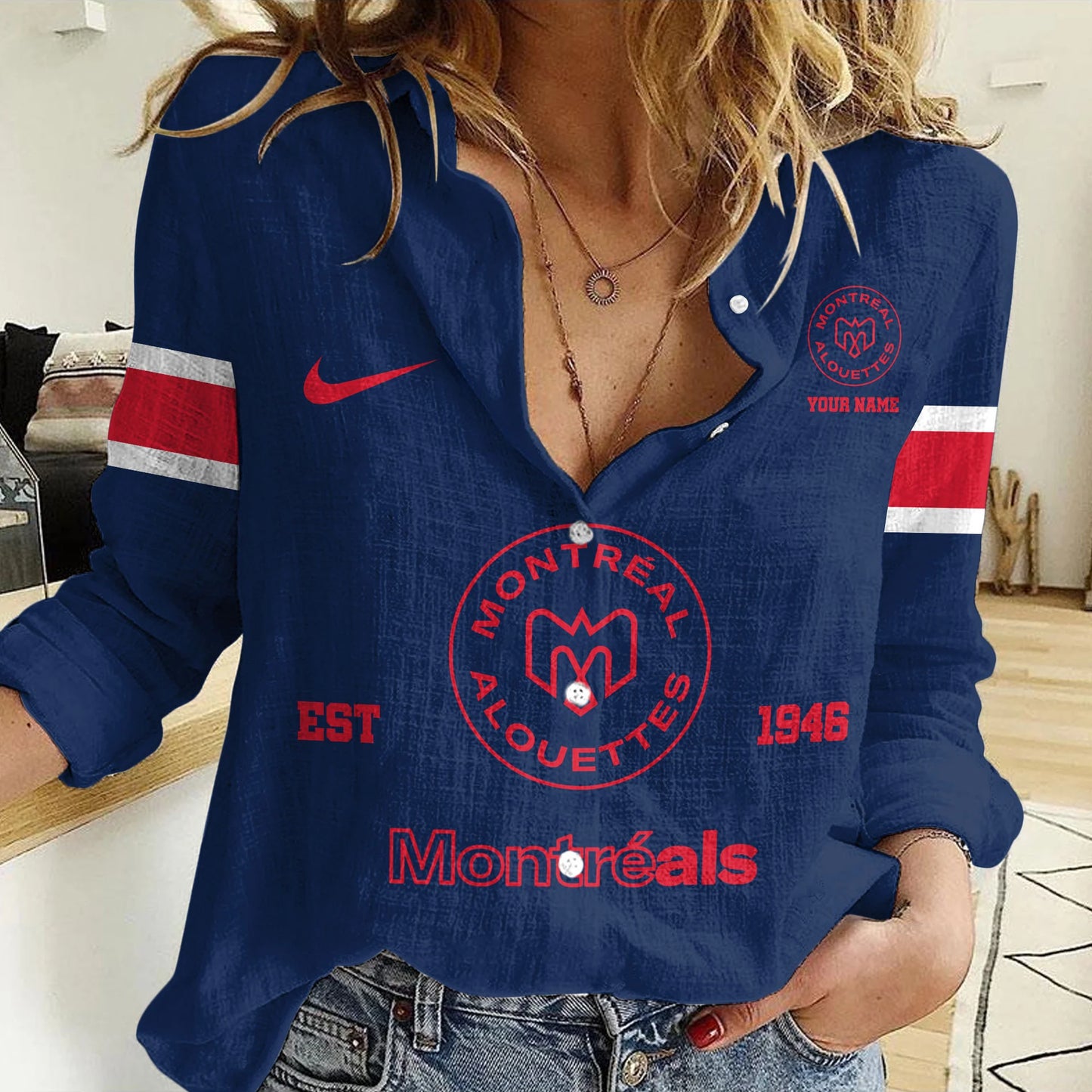 [FAN EXCLUSIVE] NEW CUSTOMIZED CFL01 MTL MONTREAL ALOUETTES WOMEN CASUAL SHIRT