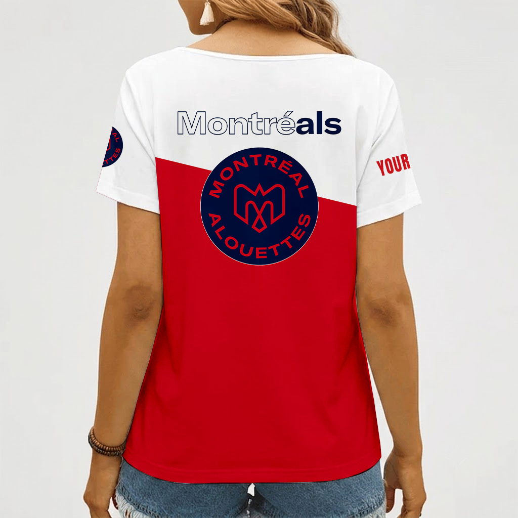 [FAN EXCLUSIVE] NEW CUSTOMIZED CFL01 MTL MONTREAL ALOUETTES STRAPPY V-NECK FEMALE SHIRT