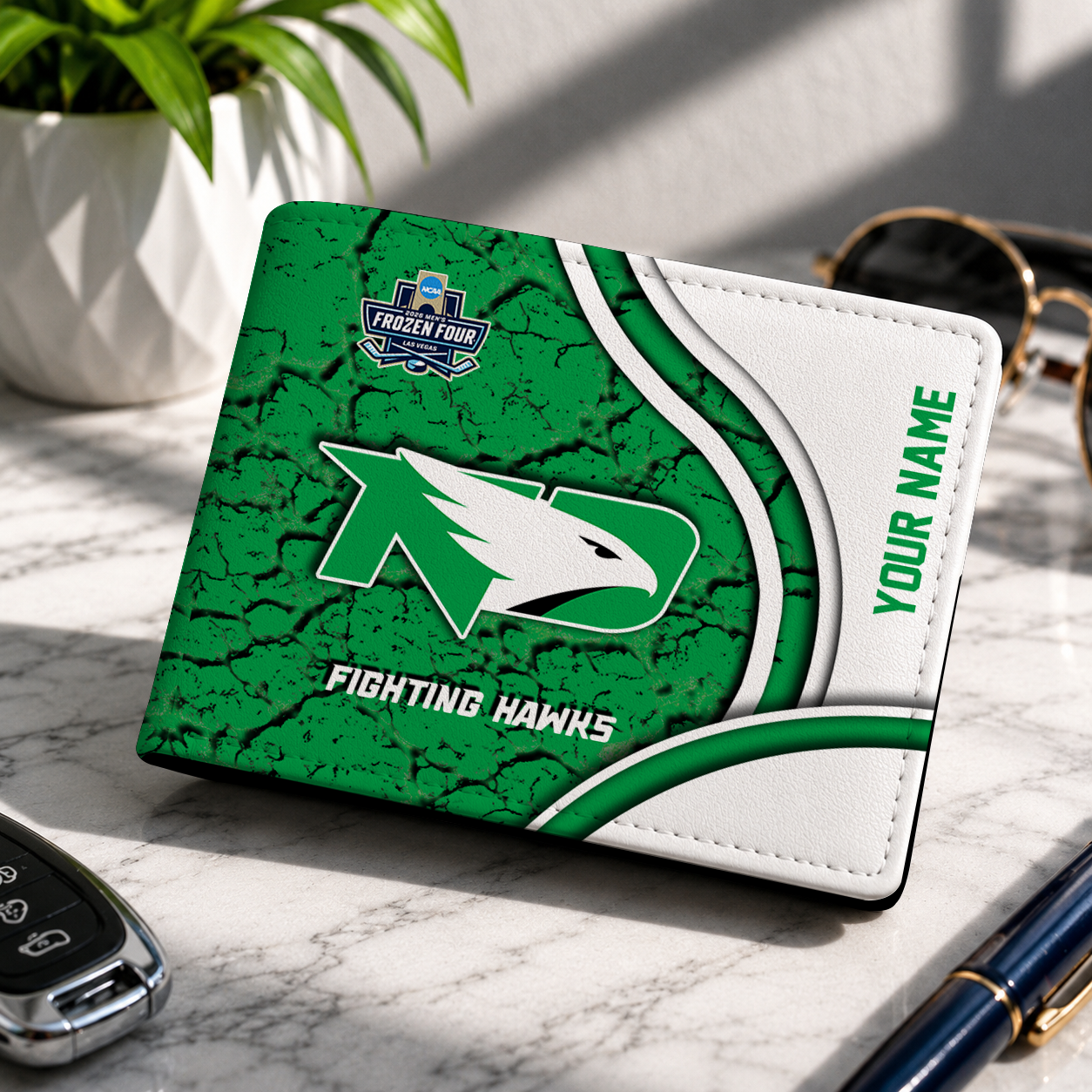 FINAL CLEARANCE - NEW CUSTOMIZED NCAA MFF01 NFH NORTH DAKOTA FIGHTING HAWKS LEATHER WALLET