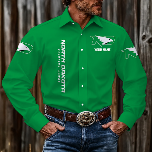 LIMITED EDITION - NEW CUSTOMIZED NCAA MFF01 NFH NORTH DAKOTA FIGHTING HAWKS MEN'S LONG SLEEVE BUTTON-UP SHIRT