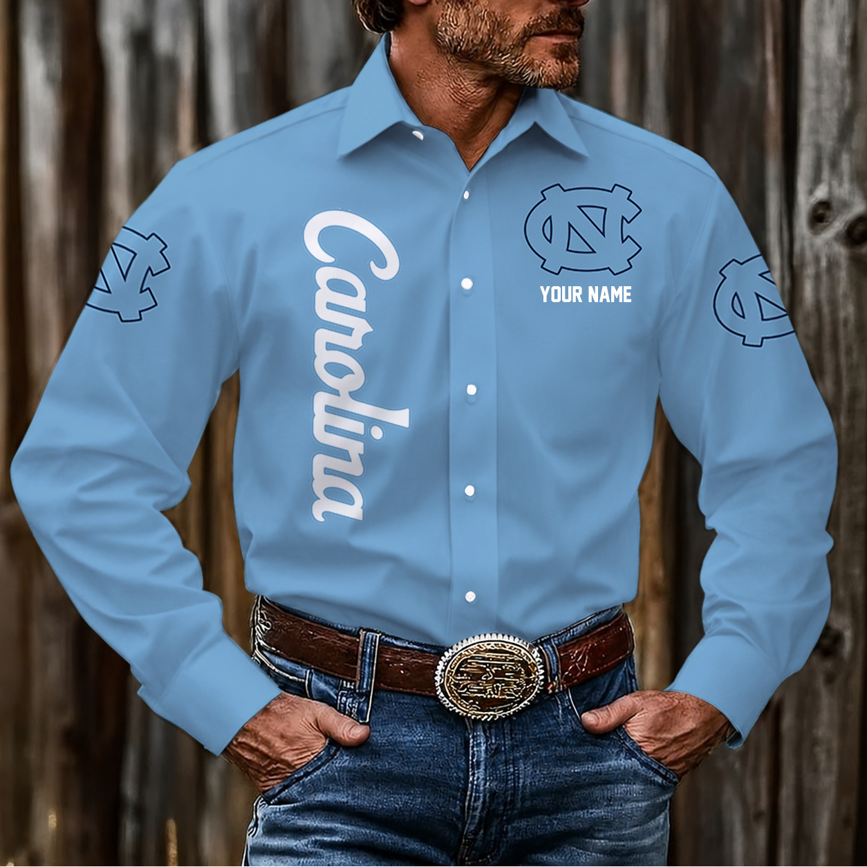 EXCLUSIVE EDITION - NEW CUSTOMIZED NCAA CFH01 NTH NORTH CAROLINA TAR HEELS MEN'S LONG SLEEVE BUTTON-UP SHIRT