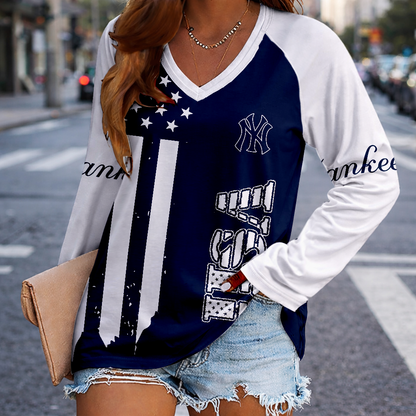 LIMITED EDITION - NEW CUSTOMIZED MLB01 NYY NEW YORK YANKEES WOMEN'S V-NECK LONG SLEEVED SHIRT
