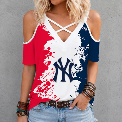 [FLASH SALE] NEW CUSTOMIZED MLB01 NYY NEW YORK YANKEES CRISS CROSS V-NECK TOP