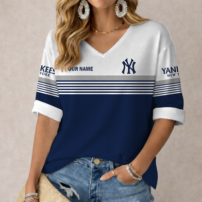 LIMITED EDITION - NEW CUSTOMIZED MLB01 NYY NEW YORK YANKEES WOMEN'S HEART V-NECK LONG SLEEVE SHIRT