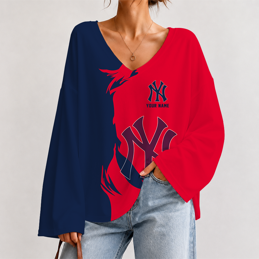 [FLASH SALE] NEW CUSTOMIZED MLB01 NYY NEW YORK YANKEES V-NECK LONG SLEEVED CROP TOP
