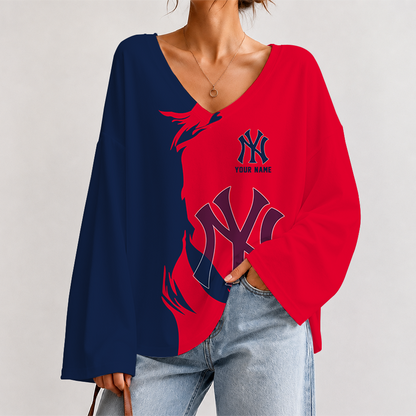 [FLASH SALE] NEW CUSTOMIZED MLB01 NYY NEW YORK YANKEES V-NECK LONG SLEEVED CROP TOP
