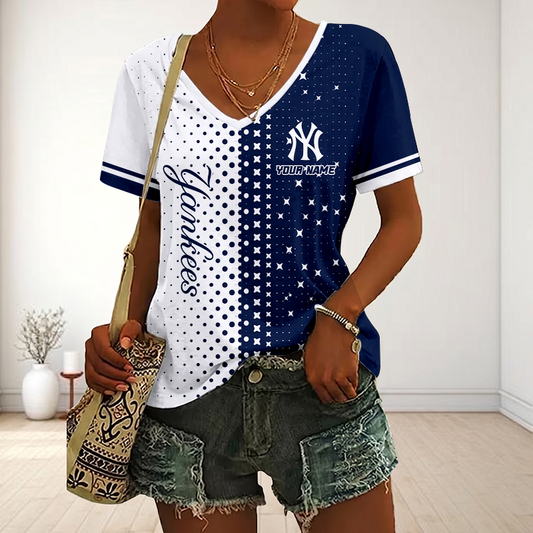 LIMITED EDITION - NEW CUSTOMIZED MLB01 NYY NEW YORK YANKEES V-NECK FEMALE SHIRT